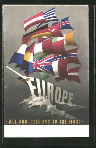 AK Segelschiff Europa mit Länderflaggen als Segel, Türkei