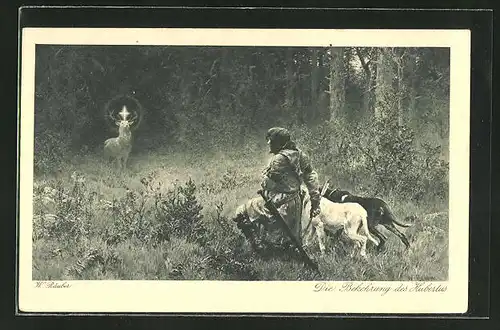AK die Bekehrung des Hubertus, Jäger geht vor einem heiligen Hirsch auf die Knie, Schutzpatron, Jagd