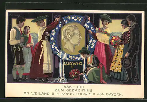 Lithographie 1886-1911 zum Gedächtnis an Weiland S.M. König Ludwig II. von Bayern