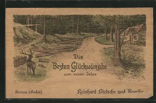 Holz-AK Bernau, Neujahrsgruss mit Hirsch an einem Gehöft