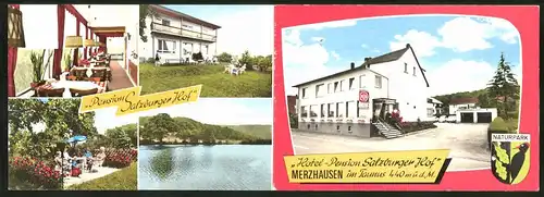 Klapp-AK Merzhausen i. Taunus, Hotel Pension Salzburger Hof, Speiseraum, Garten, Terrasse, Seepartie