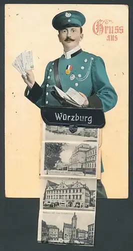 Leporello-AK Würzburg, Briefträger mit Posttasche voller Ansichten, Kaiserstrasse, Falkenhaus, Residenz