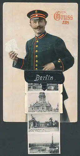 Leporello-AK Berlin, Briefträger mit Posttasche voller Ansichten, Pariser Platz und Brandenburger Tor, Reichstag