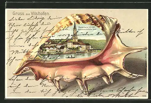 Passepartout-Lithographie Vilshofen, Fischerzeile von der Eisenbahnbrücke aus, Ansicht auf Muschel