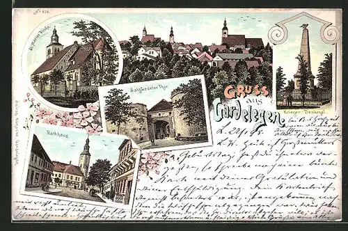Lithographie Gardelegen, Rathaus, Salzwedeler Thor, Krieger-Denkmal