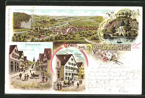 Lithographie Dörzbach a. d. Jagst, Gasthaus zum Hirsch, Strassenpartie mit Gasthaus zum Hirsch