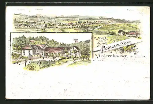 Lithographie Niedernhausen i. Ts., Gasthaus Pulvermühle, Panoramablick auf den Ort