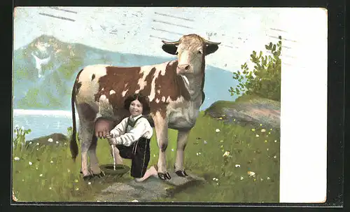 AK Junge in Tracht melkt eine Kuh