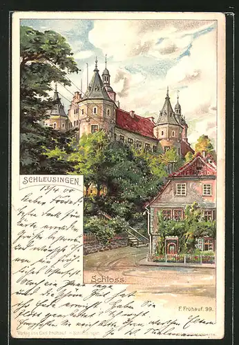 Lithographie Schleusingen, Strassenpartie am Schloss