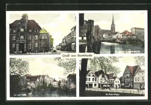 AK Buxtehude, Langestrasse mit Rathaus, St. Petri-Platz, Hafen und Malerschule