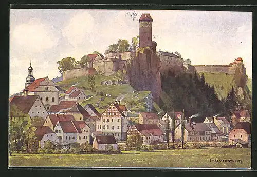 Künstler-AK Neuhaus / Pegnitz, Teilansicht mit Burg Veldenstein