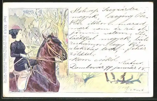 Künstler-AK Philipp + Kramer Nr. XXV /3: Jägerin zu Pferd auf einer Fuchsjagd