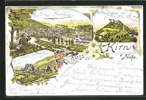 Lithographie Kirn a. Nahe, Kyburg, Panoramablick auf den Ort