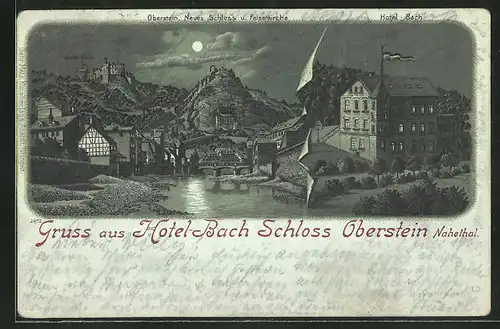 Mondschein-Lithographie Oberstein / Nahethal, Hotel Bach Schloss Oberstein