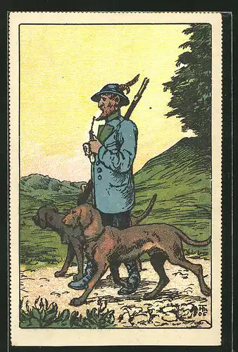 Künstler-AK Jäger mit Pfeife und seinen zwei Hunden