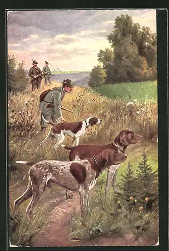 AK Drei Jäger auf der Pirsch mit ihren Hunden