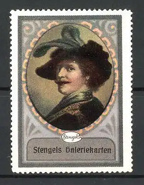 Reklamemarke Stengels Galeriekarten, Portrait Mann mit Federhut