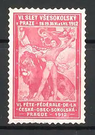 Reklamemarke Prague, VI. Fete Federale de la Ceska 1912, Sportler mit Flagge und Löwen