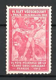 Reklamemarke Prague, VI. Fete Federale de la Ceska 1912, Sportler mit Flagge und Löwen