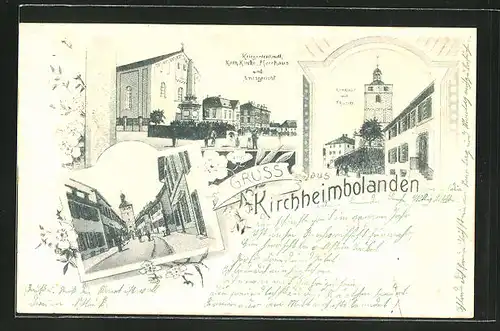 Lithographie Kirchheimbolanden, Ansicht mit Kriegerdenkmal, Kath. Kirche, Pfarrhaus und Amtsgericht, Rathaus