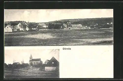 AK Dörnitz, Teilansicht der Ortschaft, Blick zur Kirche