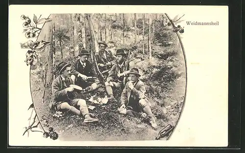 AK Jäger beim Rasten im Wald, Waidmanns Heil