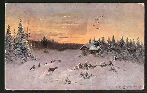Künstler-AK M. Müller jun.: Rehe beim Morgengrauen in winterlicher Landschaft