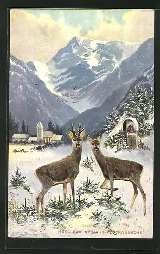 Künstler-AK M. Müller jun.: Rehe in winterlicher Landschaft