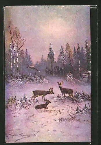 Künstler-AK M. Müller jun.: Rehe im winterlichen Wald