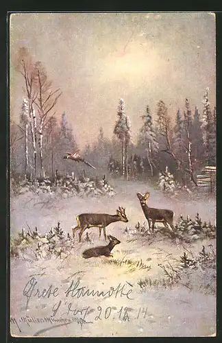 Künstler-AK M. Müller jun.: Rehe im winterlichen Wald