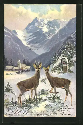 Künstler-AK M. Müller jun.: Rehe in winterlicher Landschaft