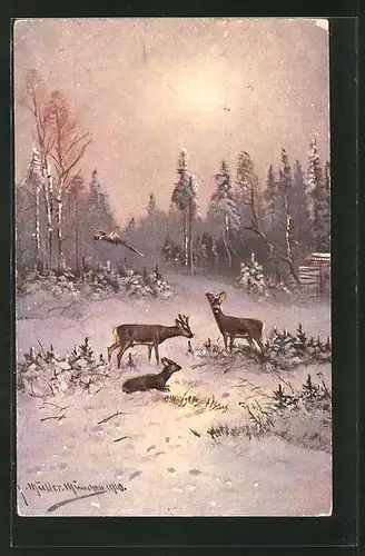 Künstler-AK M. Müller jun.: Rehe im winterlichen Wald