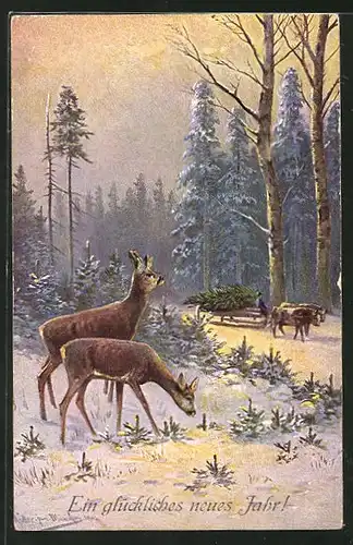 Künstler-AK M. Müller jun.: Rehe und ein Ochsenschlitten im winterlichen Wald