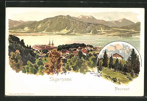 Künstler-AK Otto Strützel: Tegernsee, Blick auf Ort und See, Neureut
