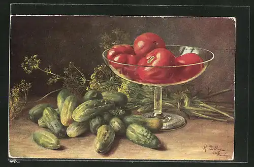Künstler-AK M. Billing: Schale mit Tomaten, Gurken