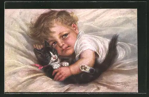 Künstler-AK M. Billing: kleiner Junge mit Katze