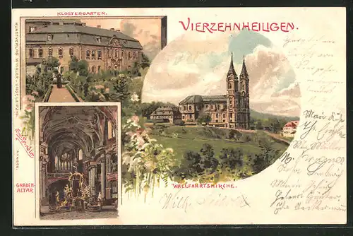 Künstler-Lithographie Erwin Spindler: Vierzehnheiligen, Wallfahrtskirche, Gnadenaltar, Klostergarten