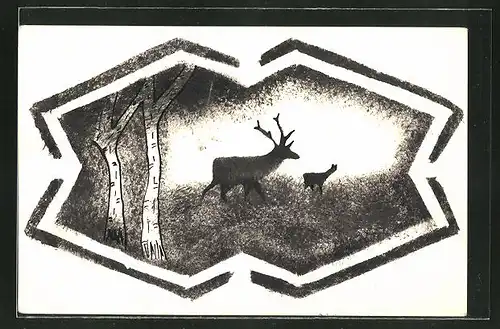 Künstler-AK Handgemalt: Hirsch im Wald