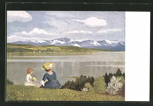 Künstler-AK Corneille Max: "Am Starnbergersee", Mutter und Kind blicken über den See auf die Alpen