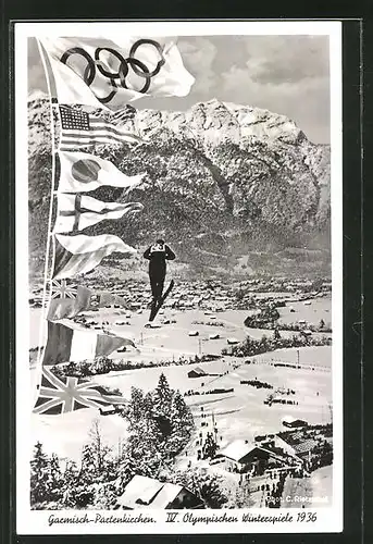AK Garmisch-Partenkirchen, Olympia 1936, Skispringer, Flaggen der Teilnehmerstaaten