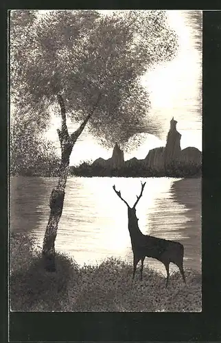 Künstler-AK Handgemalt: Hirsch beobachtet den Sonnenaufgang über dem See