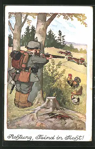 Künstler-AK P. O. Engelhard (P.O.E.): Achtung, Feind in Sicht!, Soldat m. Pickelhaube schiesst auf feindl. Fuchs-Soldaten