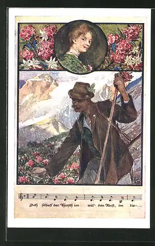 Künstler-AK Karl Friedrich Gsur: Deutscher Schulverein Nr.1393: Wanderer pflückt Blumen, Lied