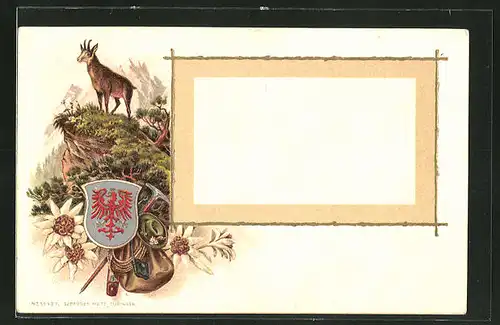 Passepartout-Lithographie Gemse im Gebirge und Wappen