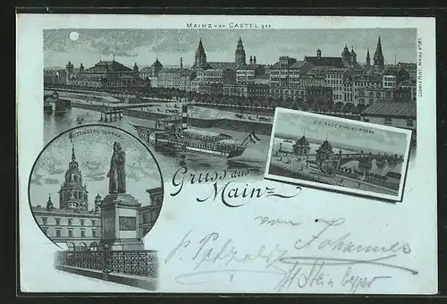 Mondschein-Lithographie Mainz, Totalansicht vom Castel aus, Gutenberg Denkmal, neue Rheinbrücke