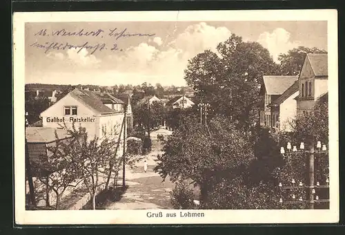 AK Lohmen, Ortsansicht mit Gasthaus Ratskeller