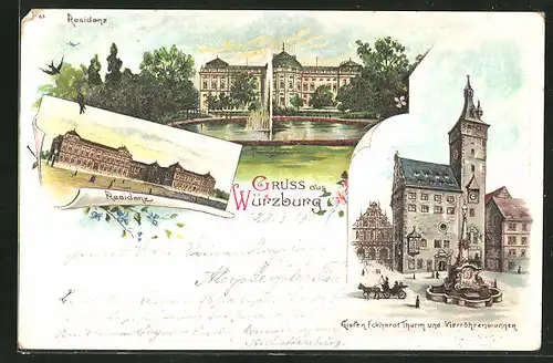 Lithographie Würzburg, Residenz, Grafen Eckhardt Thurm & Vierröhrenbrunnen