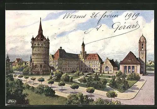 AK Worms, Wasserturm, Eleonorenschule und Lutherkirche