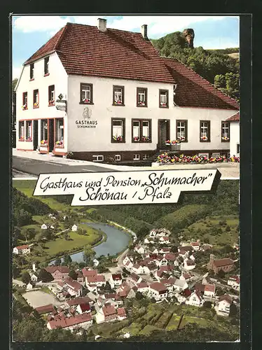 AK Schönau / Pfalz, Gasthaus und Pension "Schumacher", Gesamtansicht aus der Vogelschau