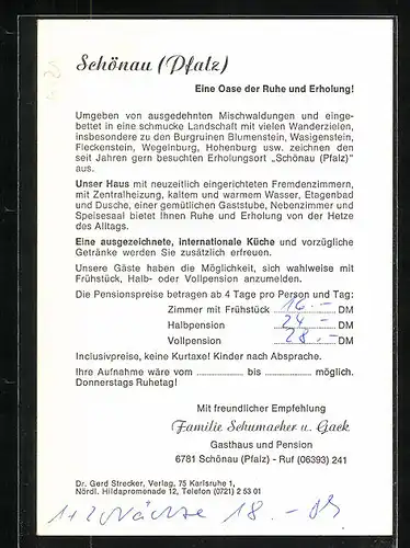 AK Schönau / Pfalz, Gasthaus und Pension "Schumacher", Gesamtansicht aus der Vogelschau